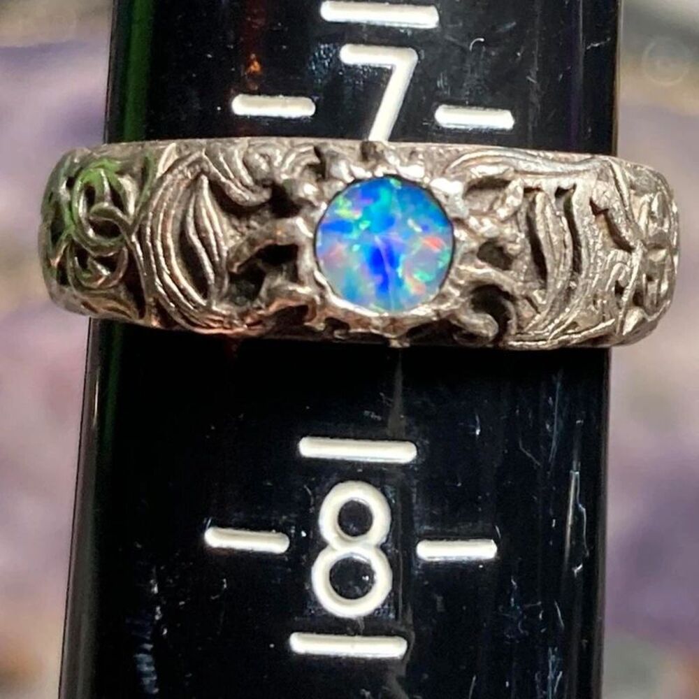 Opal Ring with ornate floral and scrollwork design in size 7.25